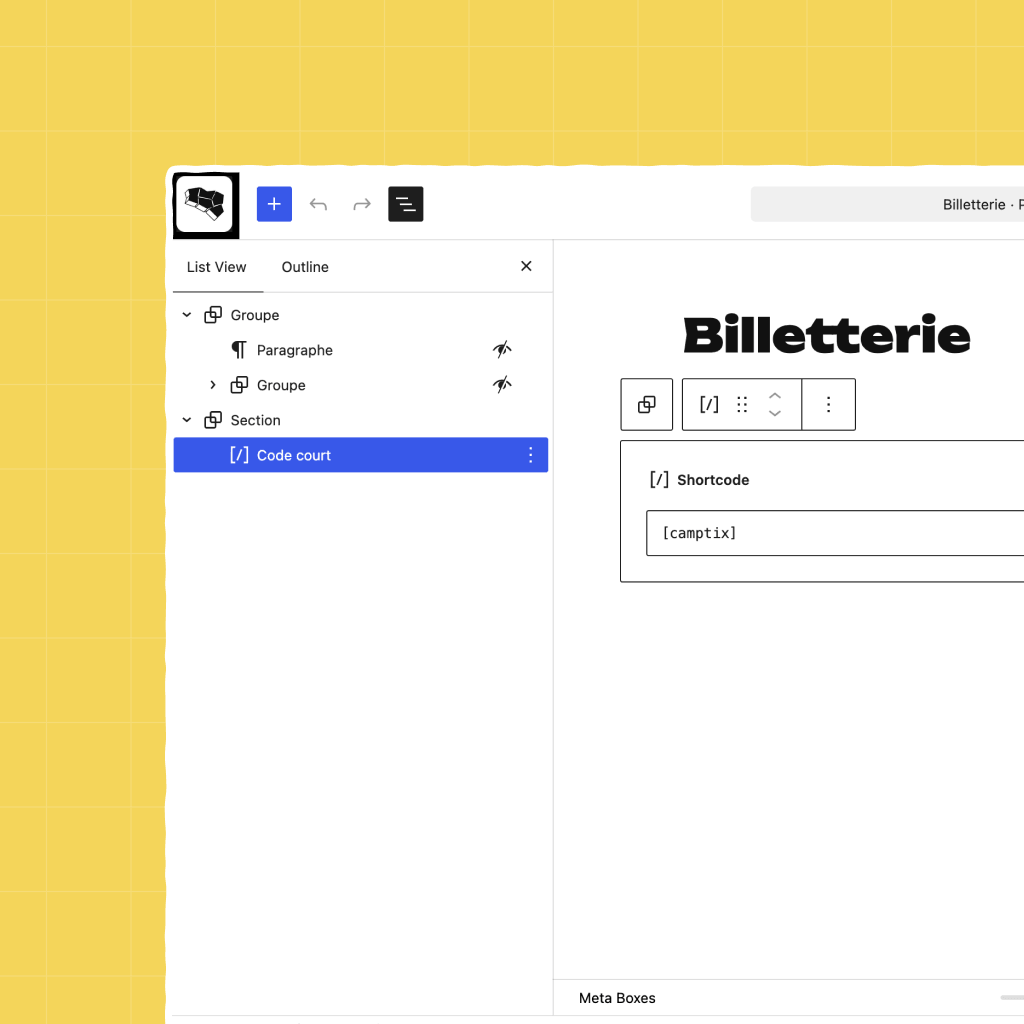 Capture d'écran du code court dans la page Billetterie sur le site du WordCamp Bretagne 2026