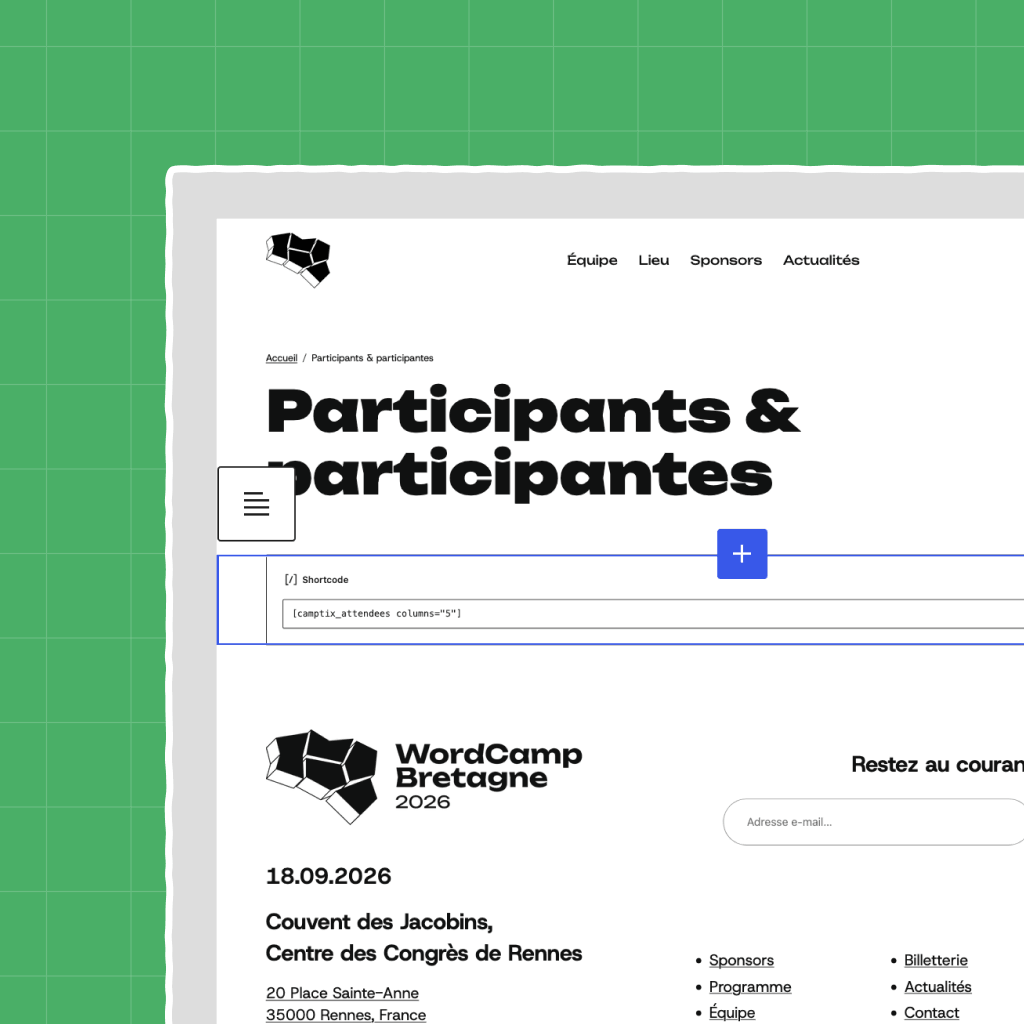 Capture d'écran du code court dans la page Participants & Participantes sur le site du WordCamp Bretagne 2026