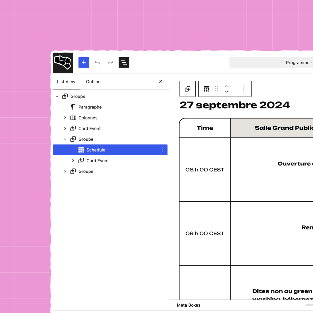 Capture d'écran du contenu de la page Programme sur le site du WordCamp Bretagne 2024